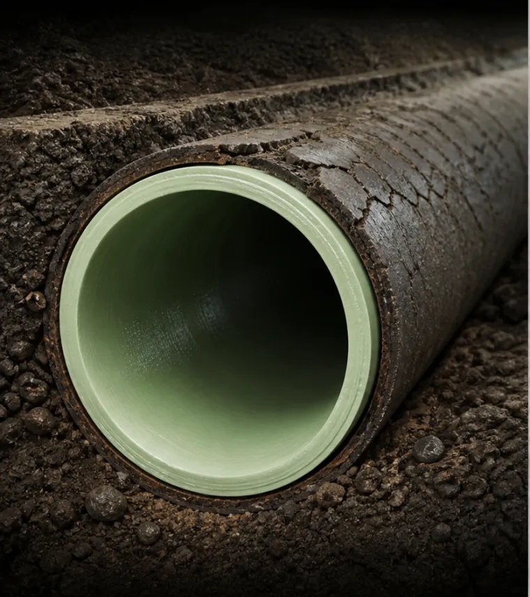 Cutaway illustration of a cured-in-place pipe liner
