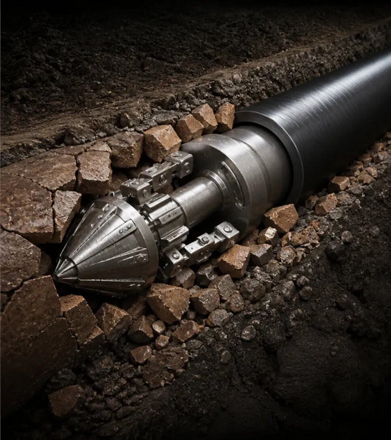 Cutaway illustration of trenchless pipe bursting equipment